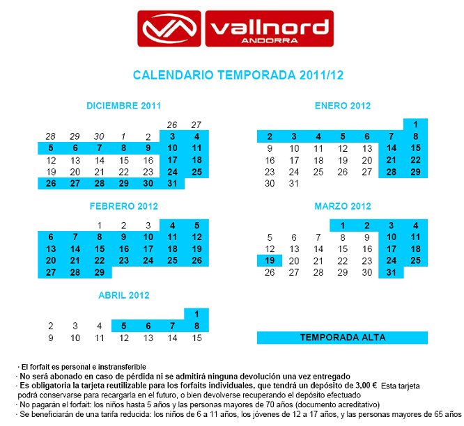 Calendario de temporadas VALLNORD 2011-2012 - Calendrier des saisons de ski VALLNORD 2011-2012