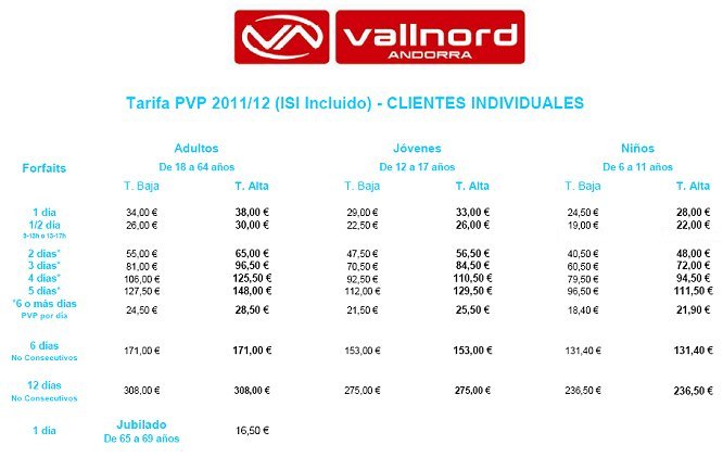Tarifa forfets esqu&iacute; Vallnord 2011-2012 - Prix des forfaits de ski VALLNORD 2011-2012  -  Rates of VALLNORD Ski passes 2011-2012