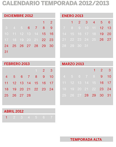 Calendario de temporadas VALLNORD 2012-2013 - Calendrier des saisons de ski VALLNORD 2012-2013