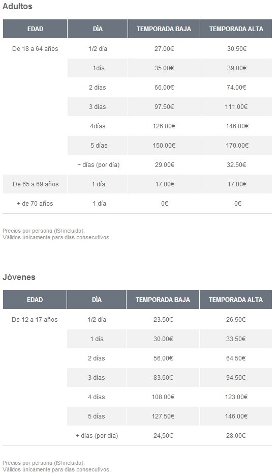 Tarifa forfets esqu&iacute; Vallnord 2012-2013 - Prix des forfaits de ski VALLNORD 2012-2013  -  Rates of VALLNORD Ski passes 2012-2013
