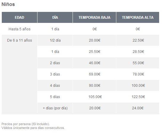 Tarifa forfets esqu&iacute; Vallnord Ni&ntilde;os 2012-2013 - Prix des forfaits de ski VALLNORD Enfants 2012-2013  -  Rates of VALLNORD Ski passes 2012-2013